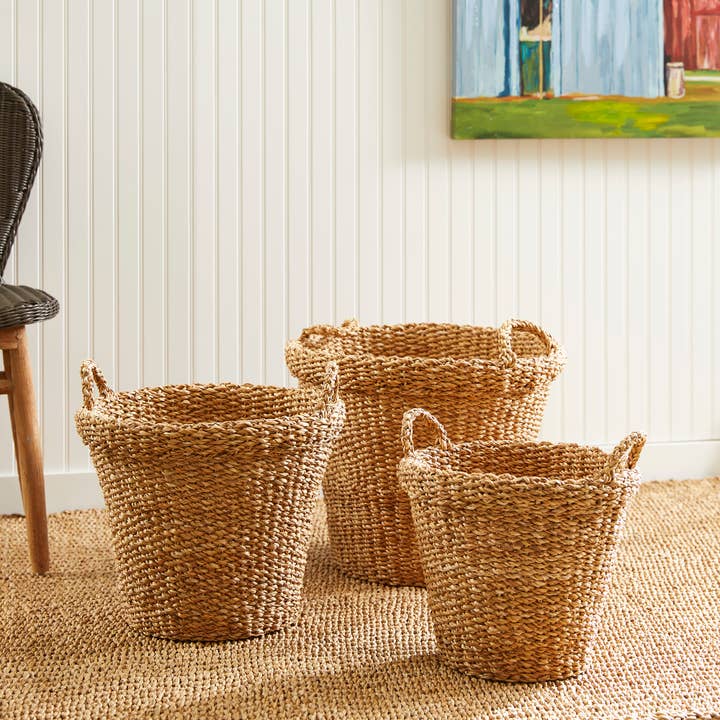 Napa Home & Garden - Wholesale Basket - Seagrass Tapered Baskets With Handles And Cuffs, Set of 3