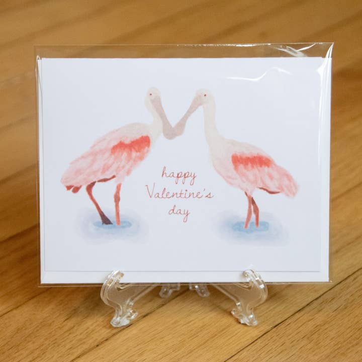 Spoonbill Valentine's Day Card for wholesale by abigail hausman design & illustration