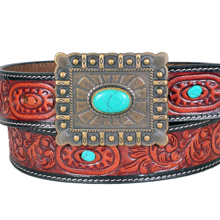 Tooled Leather Belt with Turquoise Stone Accents 7Pc RMB 05 for wholesale by Leather Impressions Inc