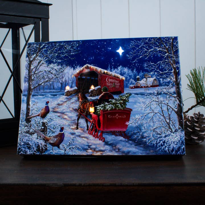 Starry Winter Night 8x6 Lighted Tabletop Canvas for wholesale by Glow Decor