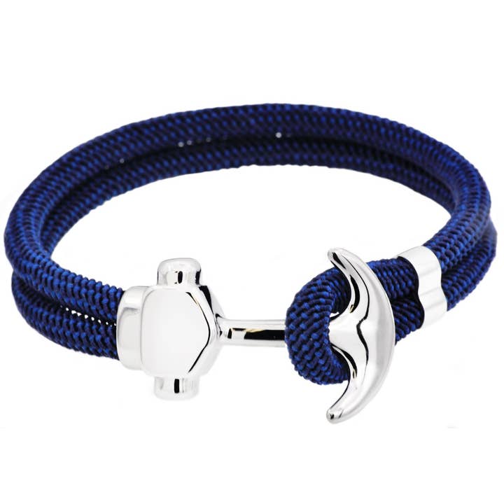 Men's Navy Twisted Cotton Rope Stainless Steel Anchor Bracelet for wholesale by Blackjack Mens Jewelry