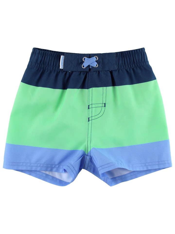 RuffleButts + RuggedButts - Wholesale Swim Shorts - Kids - Boys Mint & Blue Color Block Swim Trunks