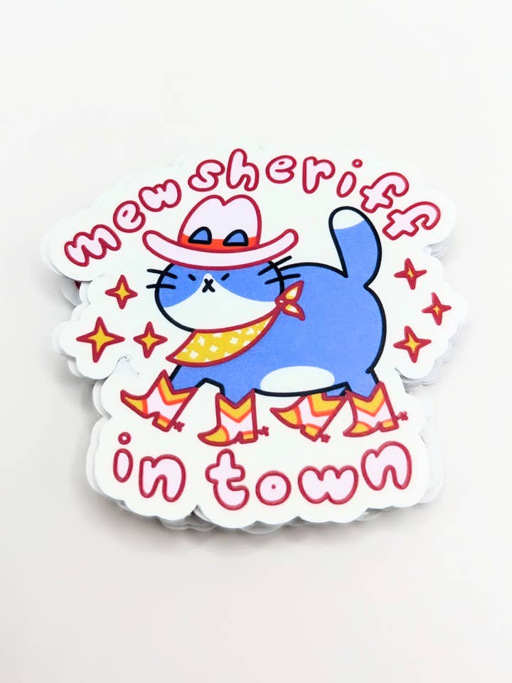 "Mew Sheriff In Town" Cowboy Cat Funny Vinyl Sticker for wholesale by lauradzeng