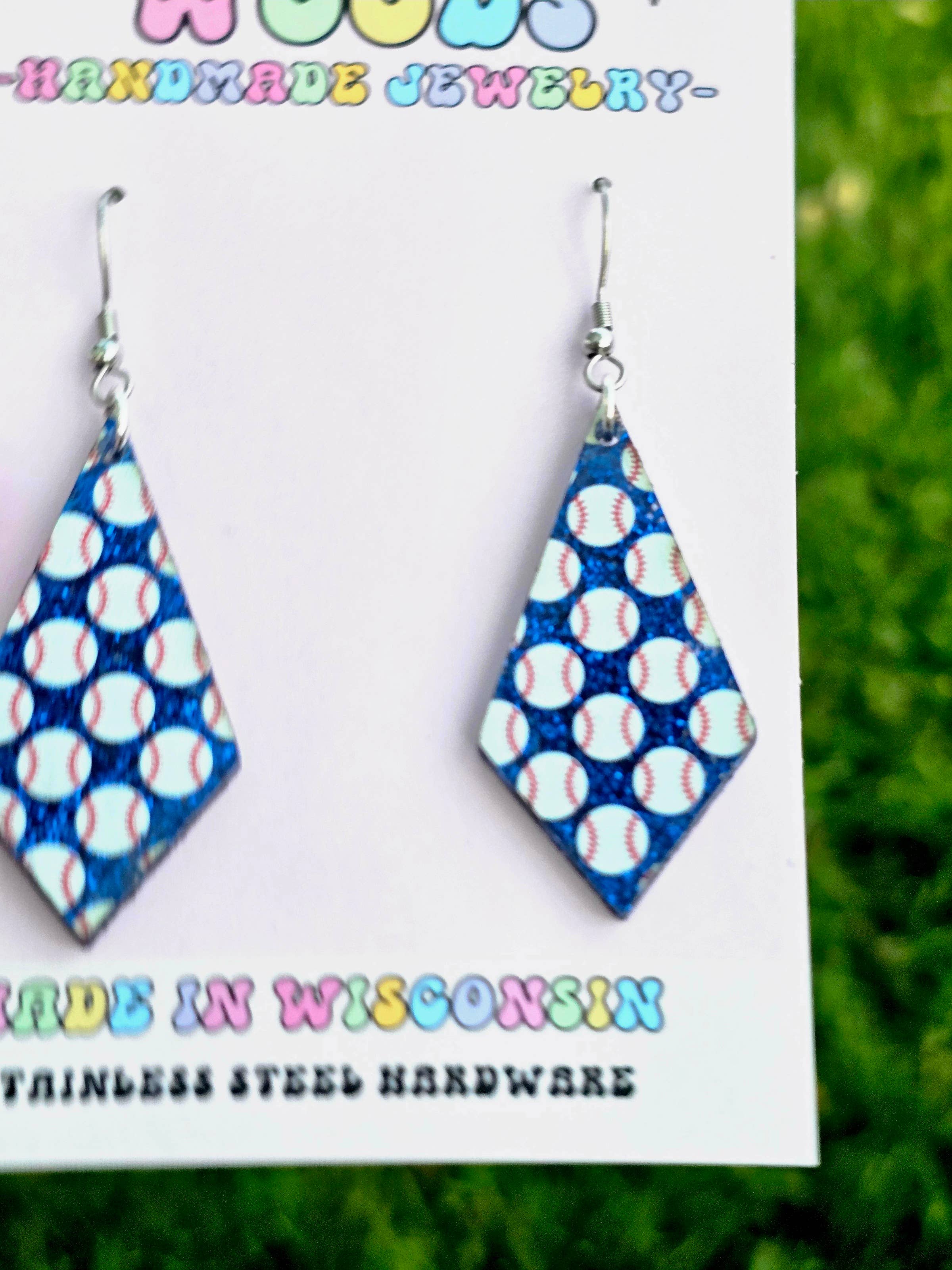 Jedi Woods LLC - Venta al por mayor Pendientes colgantes - Aretes de diamantes de béisbol con purpurina azul1