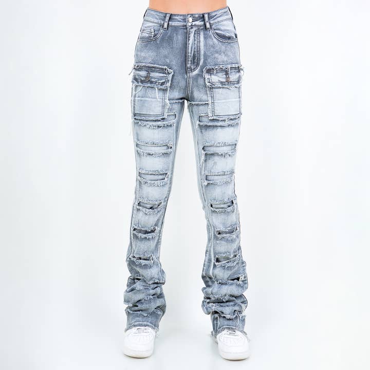 American Bazi - Wholesale Jeans - Women's - DENIM PATCHWORK STACKED JEANS-RJH21051