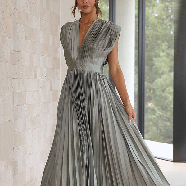 A-Line Loose Pleated Solid Color V-Neck Midi Dresses for wholesale by Sheer Trend