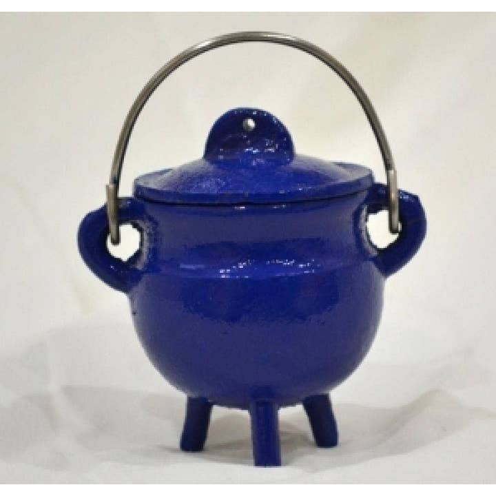 Blue Cast Iron Cauldron W/Lid 3"H 2.75"D for wholesale by GREENROOTS USA LLC