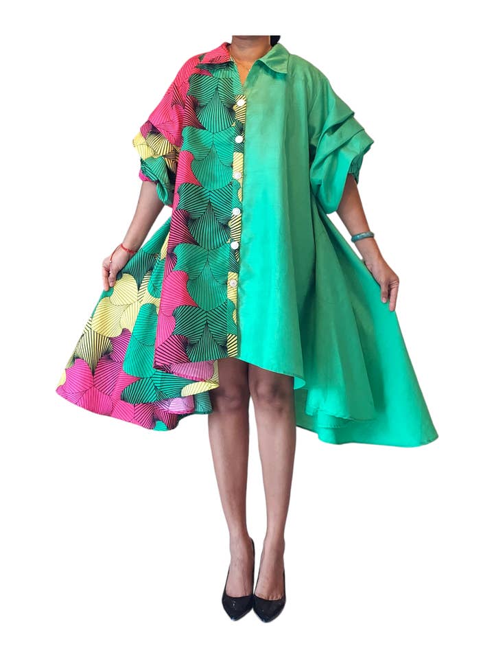 India Batik - Wholesale Dress - Women's - Swing Dress/ Faux Silk/ Ruffle Sleeve - Two Tone