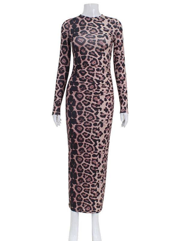 Bodycon Long Sleeves Leopard Printed Round-Neck Maxi Dresses for wholesale on Faire4