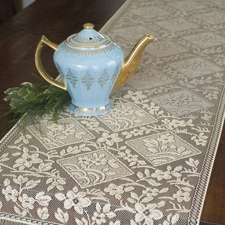 Chantilly 14x48 Gold Lace Fringed Table Runner for wholesale by Heritage Lace