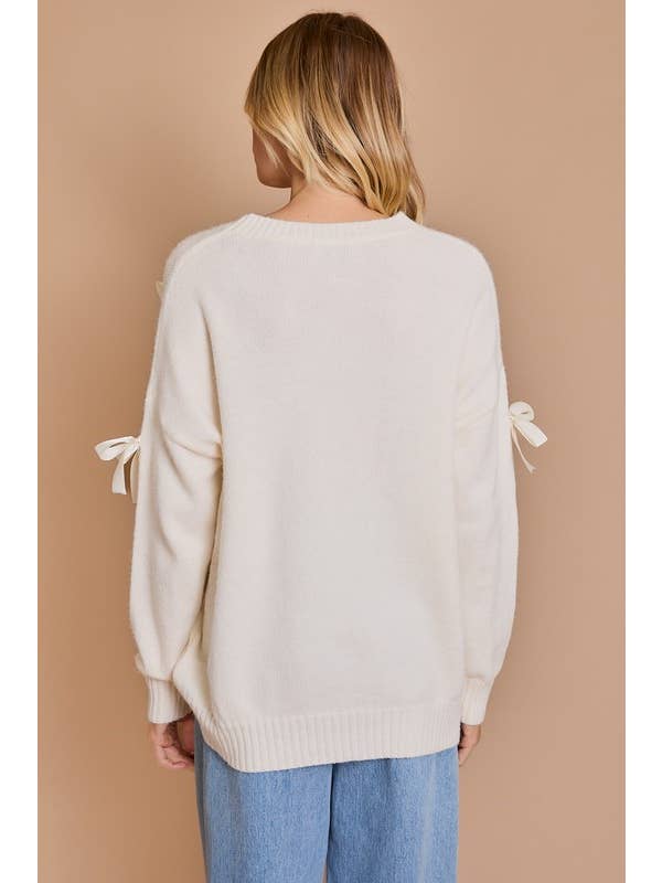 Cream Round Neck Long Sleeve Satin Bows Sweater for wholesale on Faire