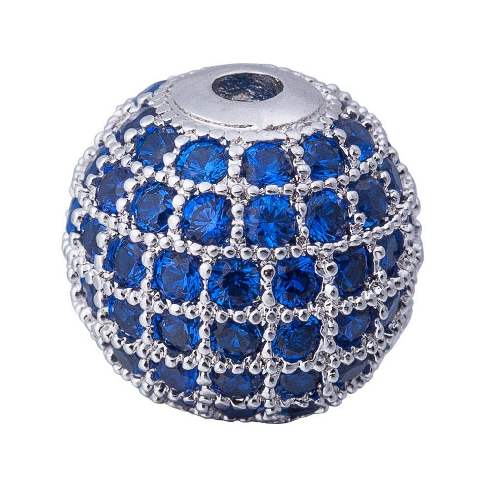 Aim Eternal - Wholesale Kralen - Kubusvormige Zirkoon Goud Gevuld Koper Disco Bal Shambala Kralen, Blauwe Kristal Rhinestone CZ Pave Tsjechische Kraal, Zilver, 10mm | B-3250