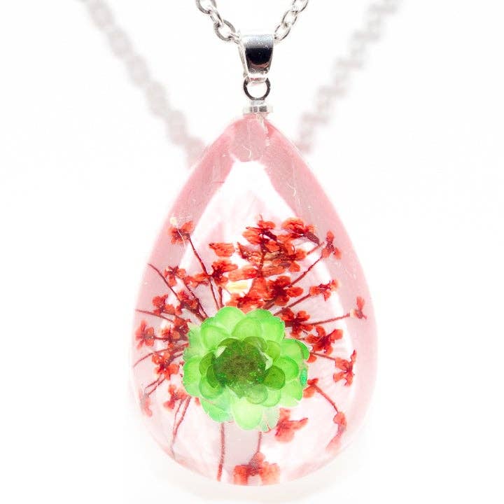 Flower Necklace Orb Bea Green-Pink for wholesale by Hanami Real Flower Jewelry