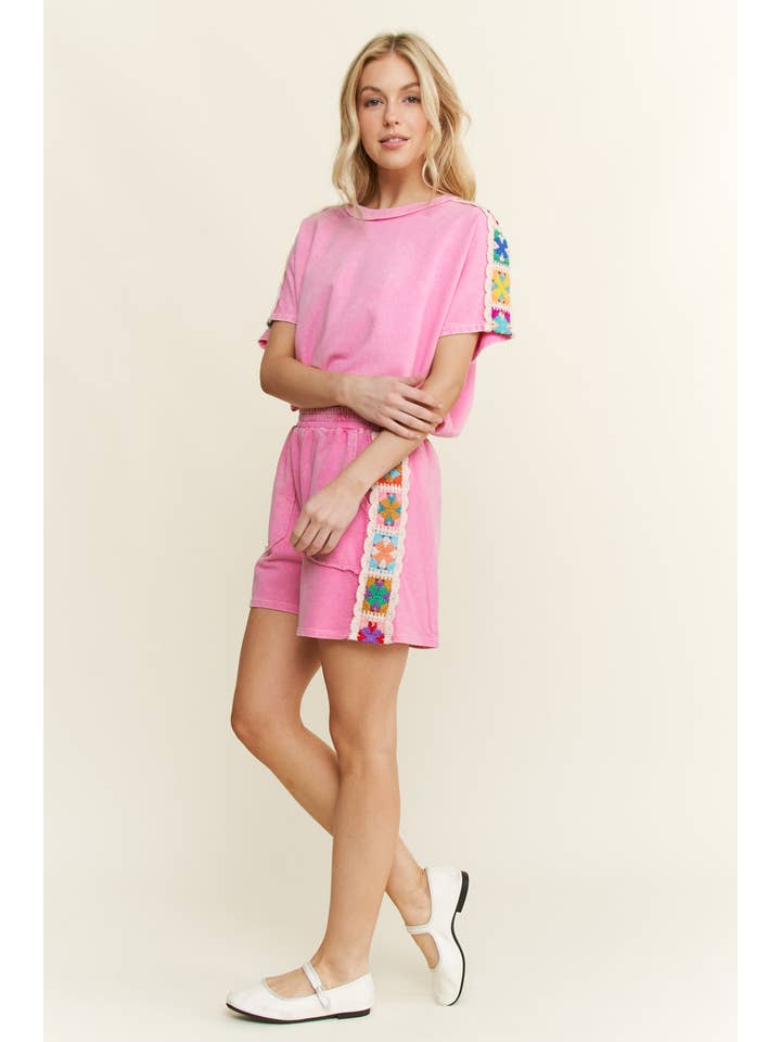 J.Her - Wholesale Shorts - Women's - Mineral Washed Crochet patch side trim Knit Shorts HP648710