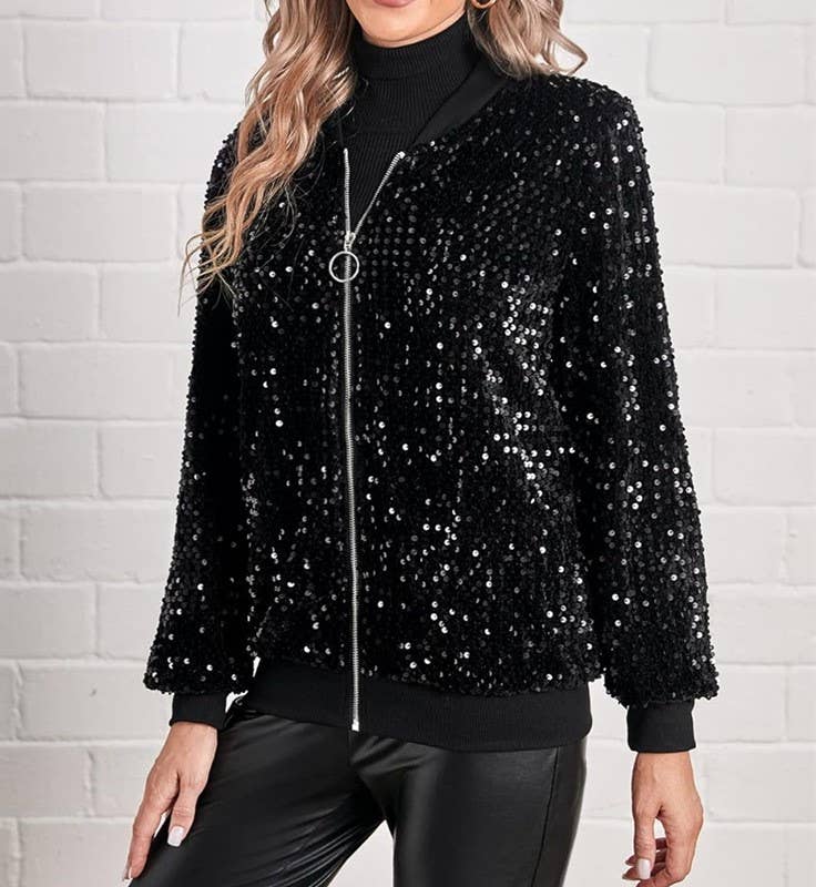 Black Stylish Sequined Women'S Casual Jacket for wholesale on Faire0
