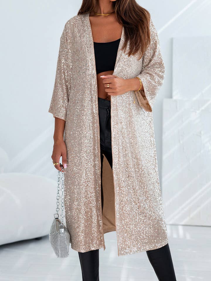 Sequin 3/4 Sleeve Open Front Duster Kimono for wholesale by PartyEight