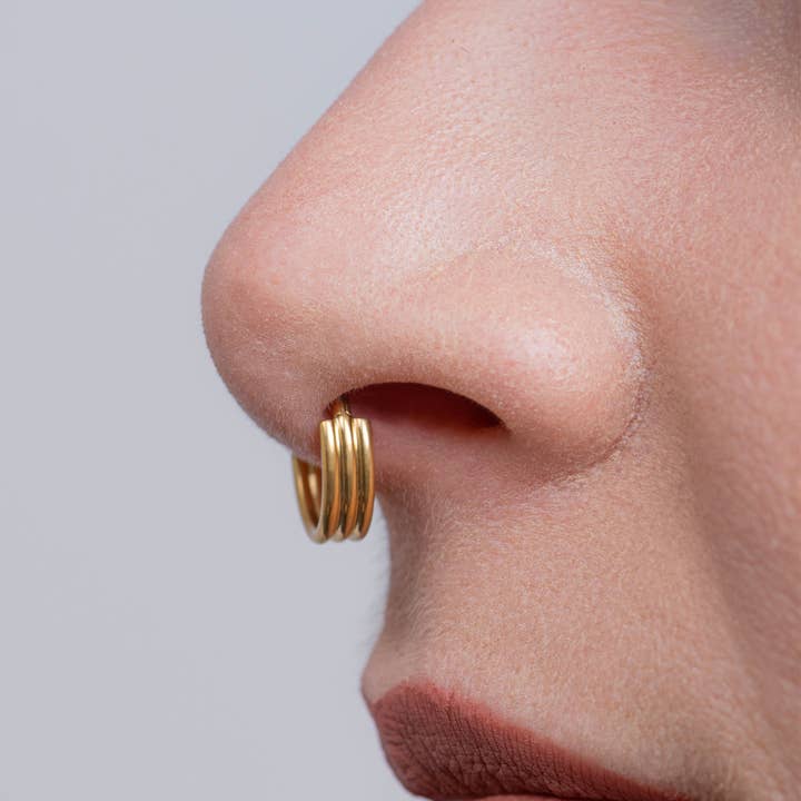 Custom Plugs - Wholesale Nose Ring - Titanium Hinged Triple Stacked Septum Ring 1.2mm Gauge in Gold