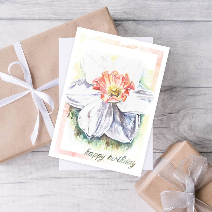 Art Reflects Light – wholesale Birthday card – Daffodil Flower Happy Birthday Card: March Birth Month Card1