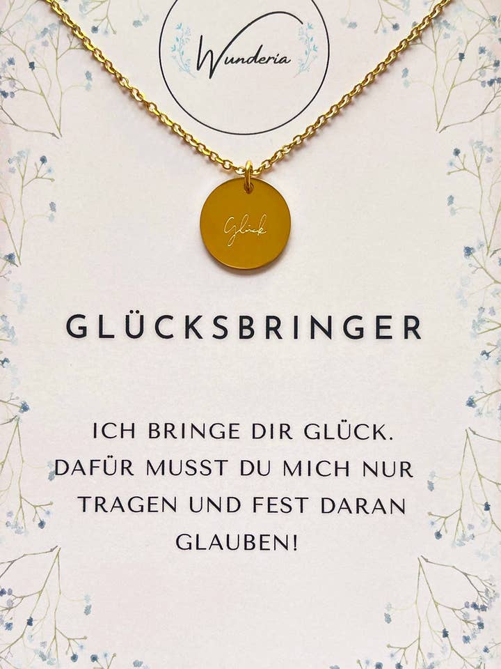 Collana portafortuna con medaglia incisa in acciaio inox color oro per la vendita all'ingrosso da parte di Wunderia