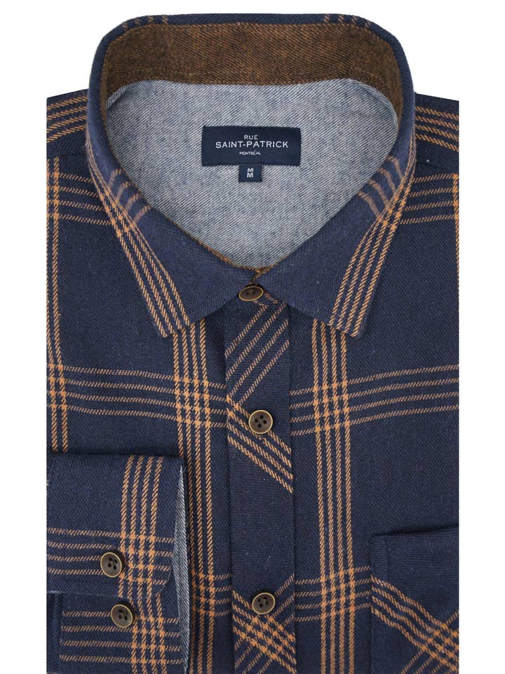 Ballyrashane stretchflanellskjorta i midnattsblått och ingefära för wholesale av Rue Saint-Patrick