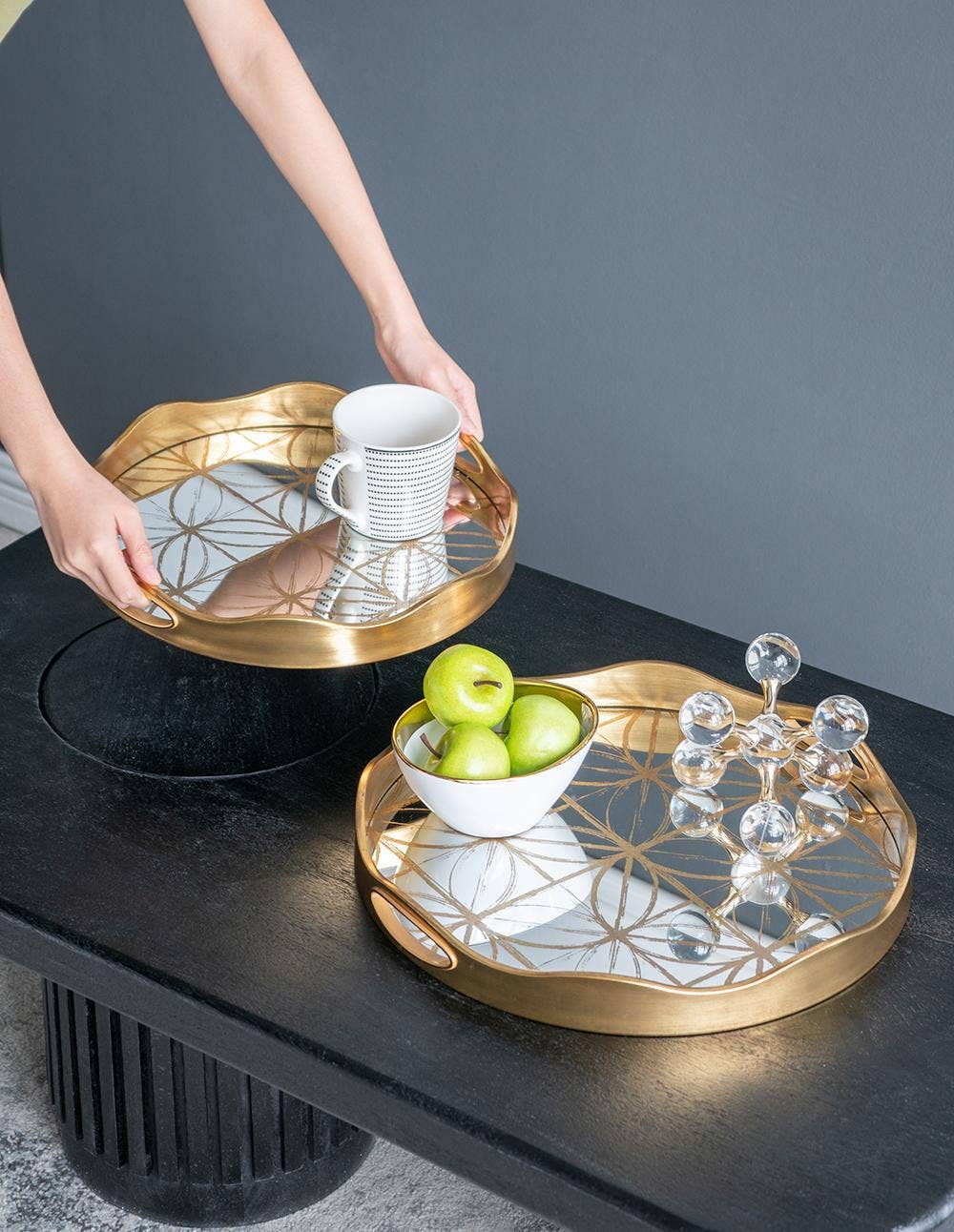 A&B Home Group Inc. - Wholesale Decorative tray - S/2 Round Gold Plastic Mirror Trays with Geometric Motif