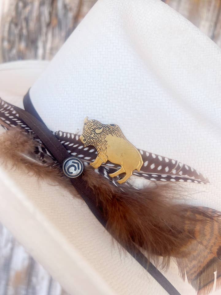 Aged Brass Buffalo Western Hat Pin Hat Bar for wholesale by Vintage Bliss