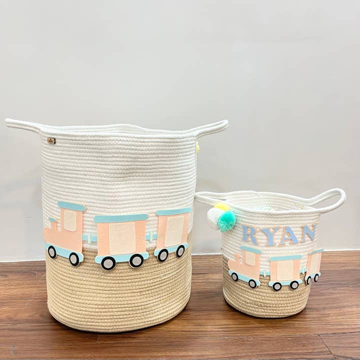 Jute Cotton Storage Basket - Choo Choo Train Treasures for wholesale by Ash and Vi