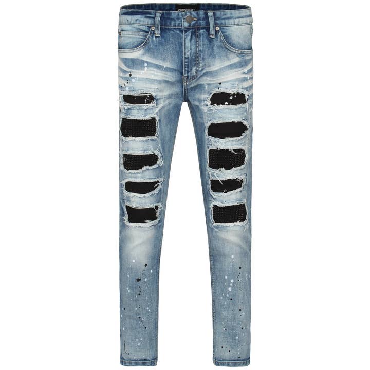 Indigo PAINT SPLATTER RHINESTONE DENIM JEANS for wholesale on Faire