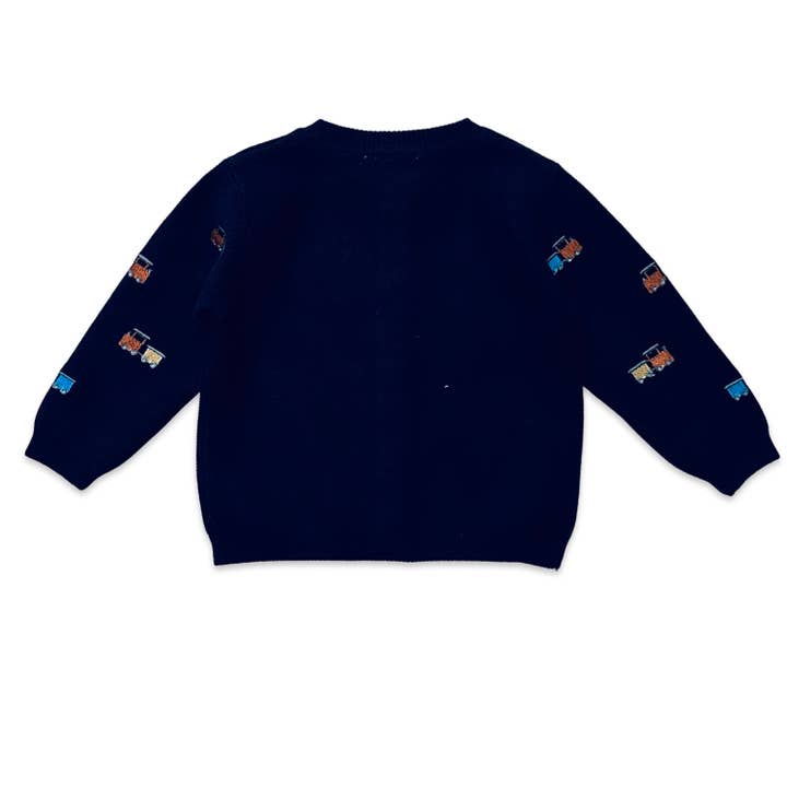 Navy Blue Train Embroidered Button Cardigan Baby Sweater (Organic) for wholesale on Faire