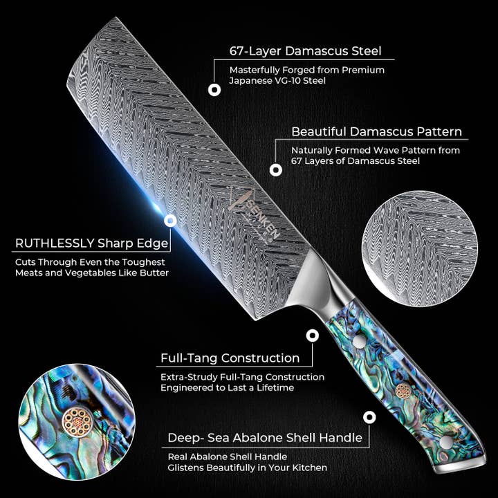 Senken Knives - Wholesale Kitchen/Utility Knife - 67-Layer Damascus Steel Cleaver Knife Abalone Shell Handle