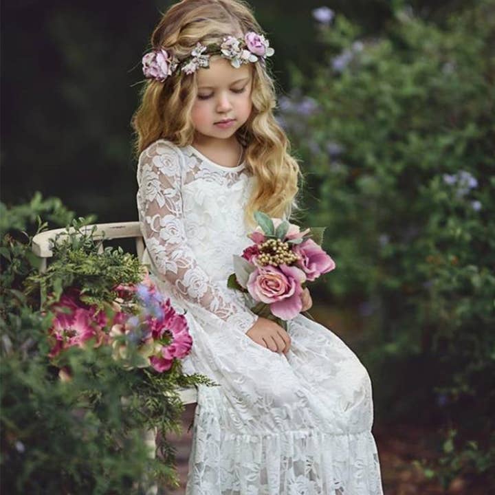 White Floral Lace Ruffled Hem Girl Dress for wholesale by Fennco Styles