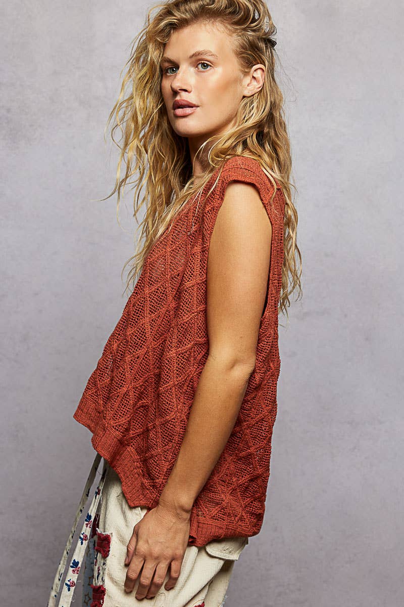 Pol Clothing - Wholesale Knit Top - Women's - V-neck Diamond Weave Crochet Sleeveless Knit Top 12