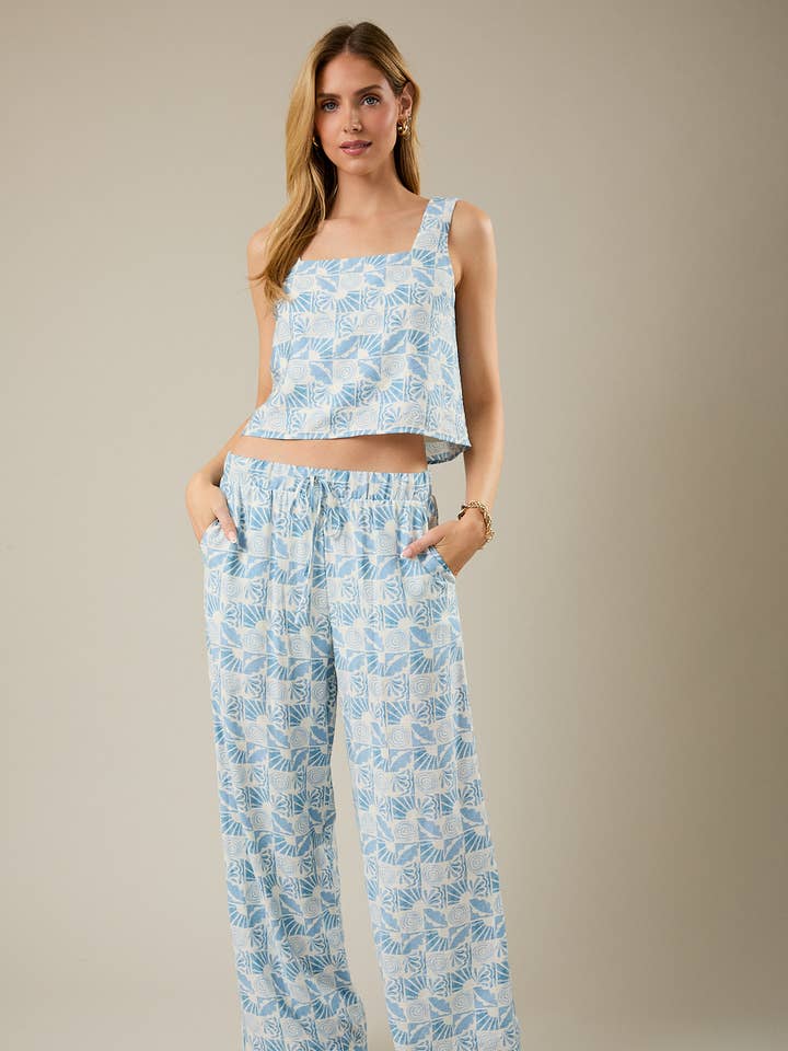 SQUARE NECK TOP AND ELASTIC WAIST TIE ABSTRACT PRINT PANTS for wholesale by GILLI