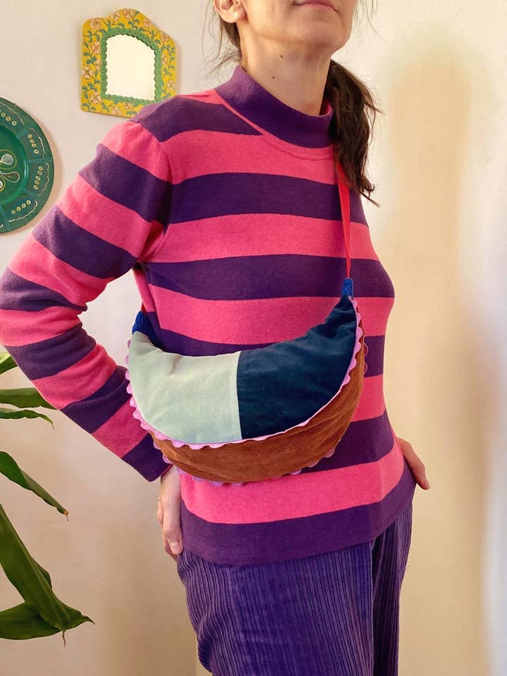 Borsa Tracolla Velluto liscio Patchwork blu-azzurro-terra per la vendita all'ingrosso da parte di gira e rigira la moda