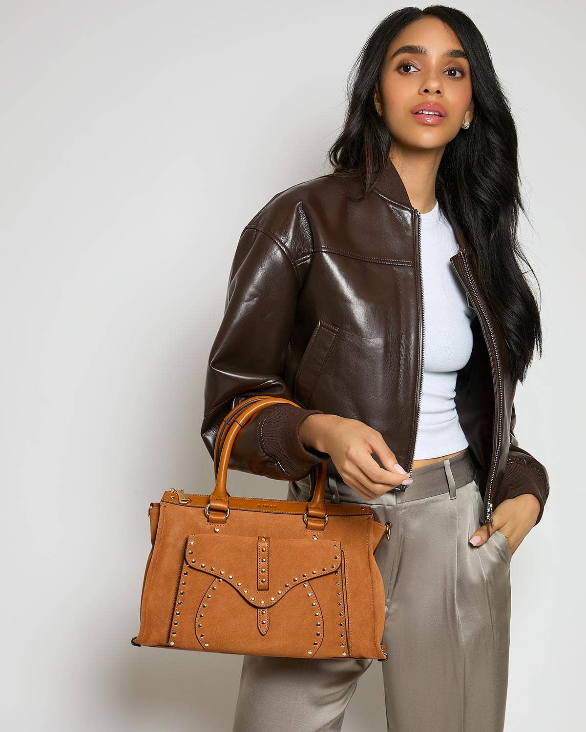 Rustic Caramel Suede Amour Satchel for wholesale on Faire2