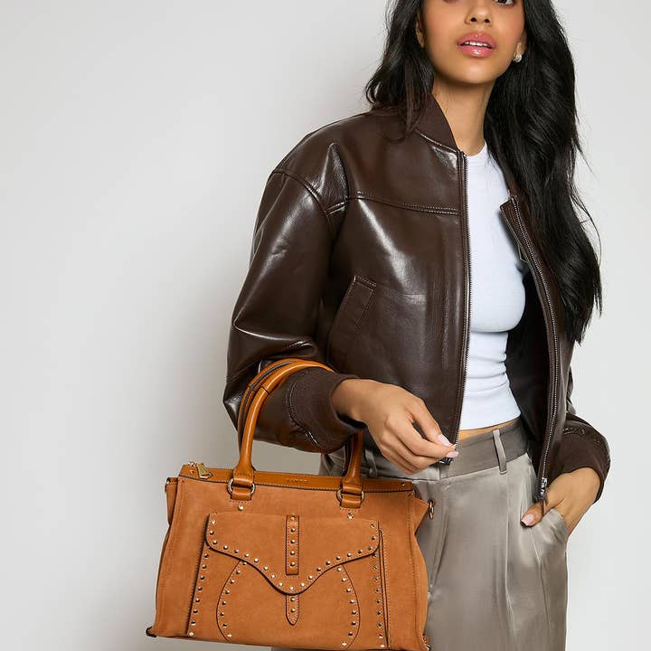Rustic Caramel Suede Amour Satchel for wholesale on Faire2