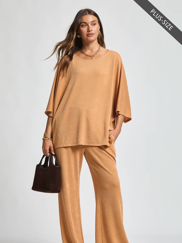 Dear Scarlett – wholesale Top & pants set (NOT Loungewear) – Women's – PLUS SIZE Ribbed Poncho Style Top + Flowy Wide Leg Pants0