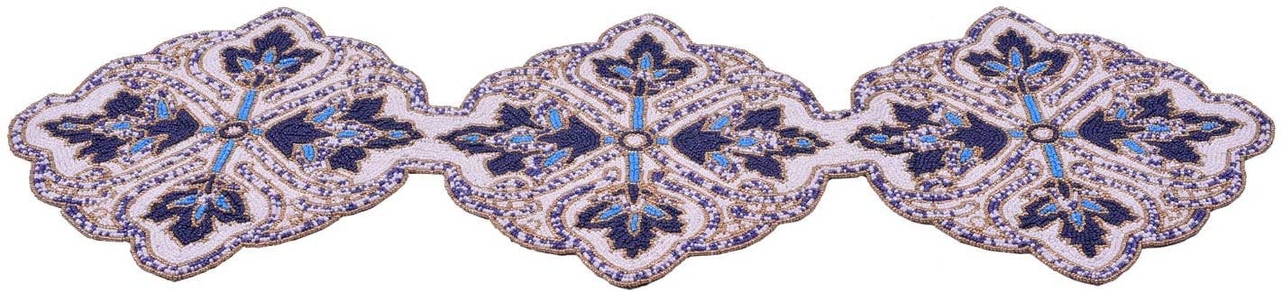 Vit Blå Broderad Pärlstav Runner bordstabett, Satäng tillbaka för wholesale på Faire2