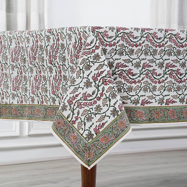 Coral Pink Hunter Grøn indisk håndbloktrykt dug for engroshandel hos Fabricrush