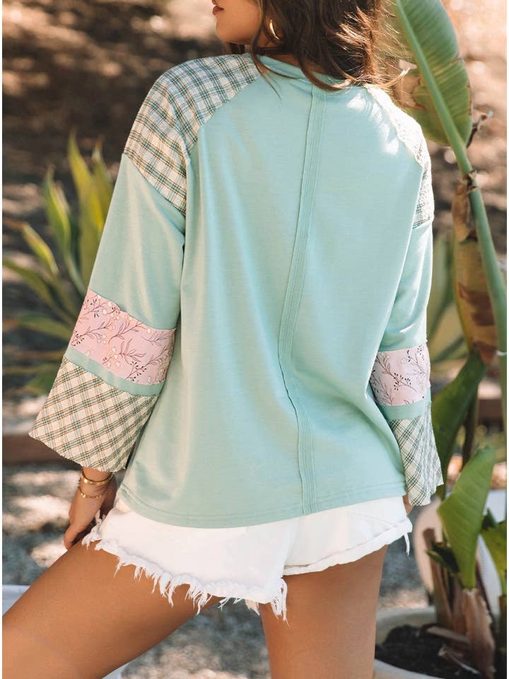 Little Daisy Closet - Wholesale Blouse - Women's - LDC Plaid Floral Patchwork Heart Shape Long Sleeve Top
