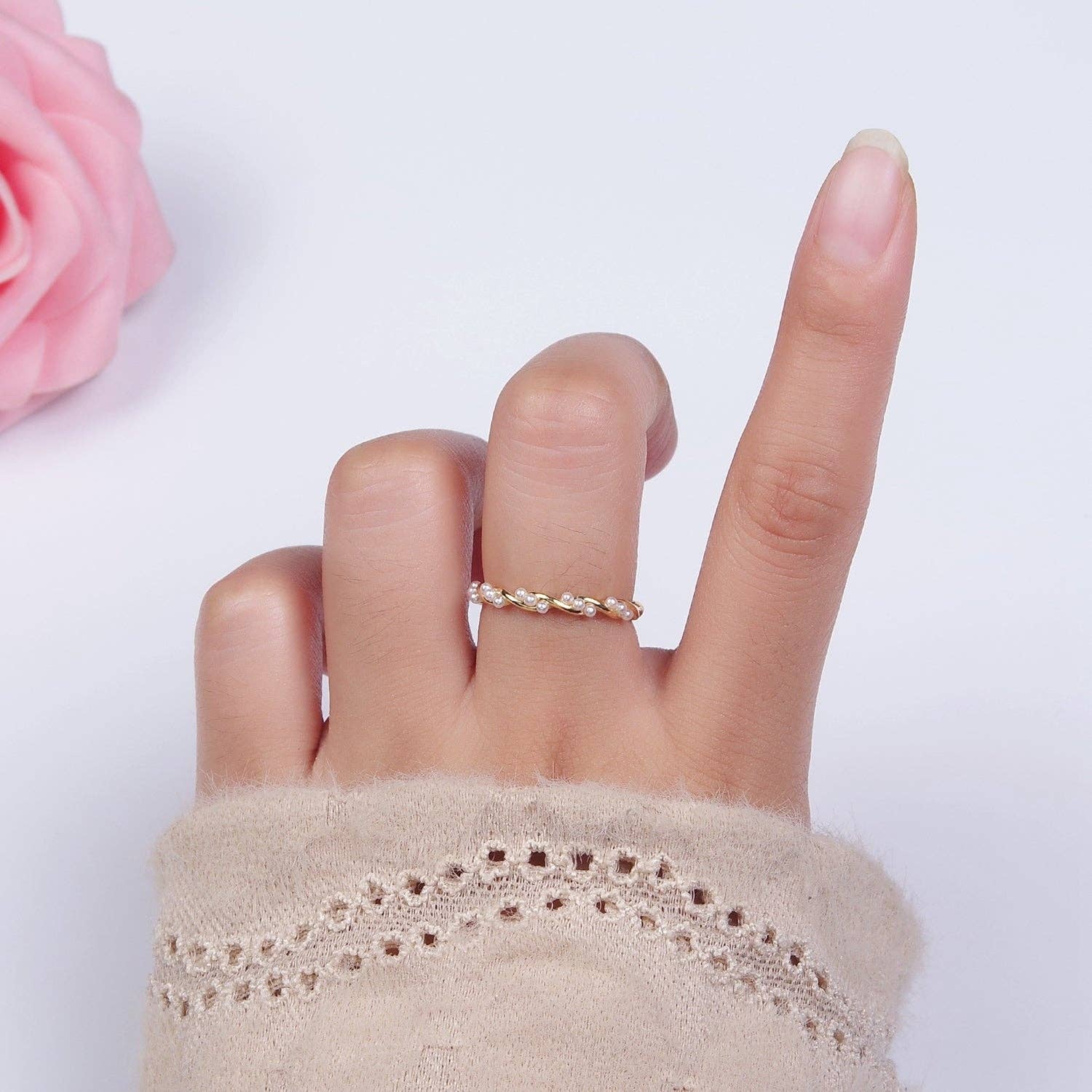 Aim Eternal - Wholesale Band/Stacked Ring - 14K Gold Filled Dotted Pearl Lined Croissant Twisted Ring | O11864