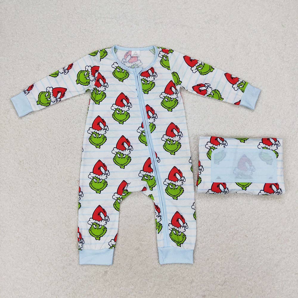 Aier Wholesale - Vente Barboteuse – bébé - Barboteuse zippée à manches longues en bambou Green Face pour bébés et garçons0