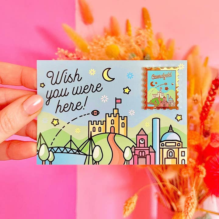 Wales Cardiff Postcard Enamel Pin with Gold Plating for wholesale by CoconuTacha