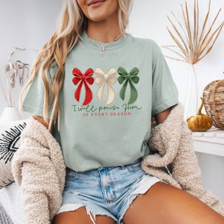 Coquette Bow Christmas Comfort Color T-Shirt for wholesale by Posh Magnolia Boutique