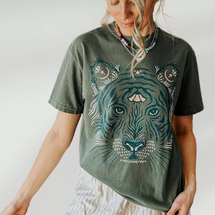 Moss Tribal Tiger Tee for wholesale on Faire