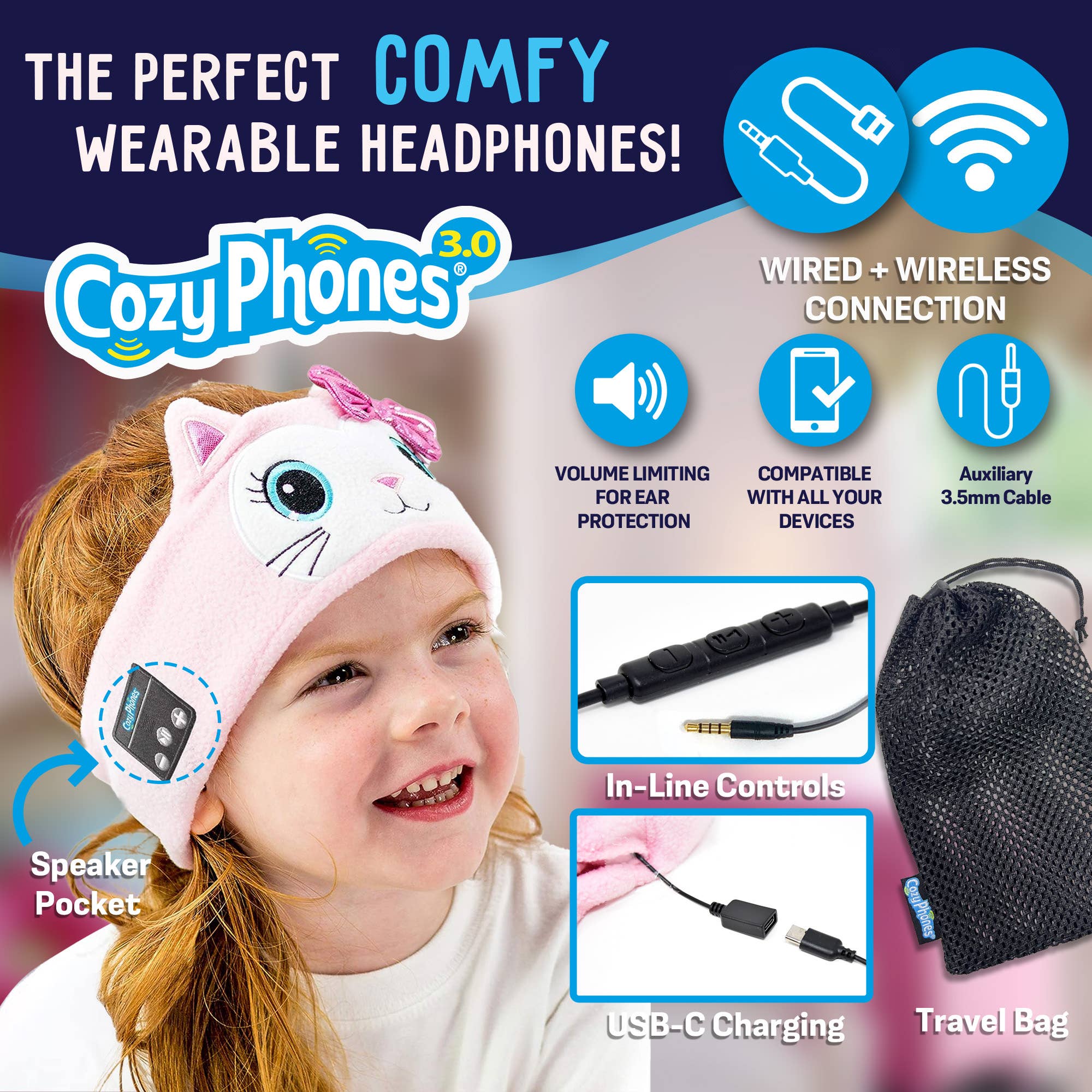 CozyPhones - Wholesale Stuffed/Plush Toy - Kids & Baby - CozyPhones Kids Headband Headphones - Case of 12 KITTY2