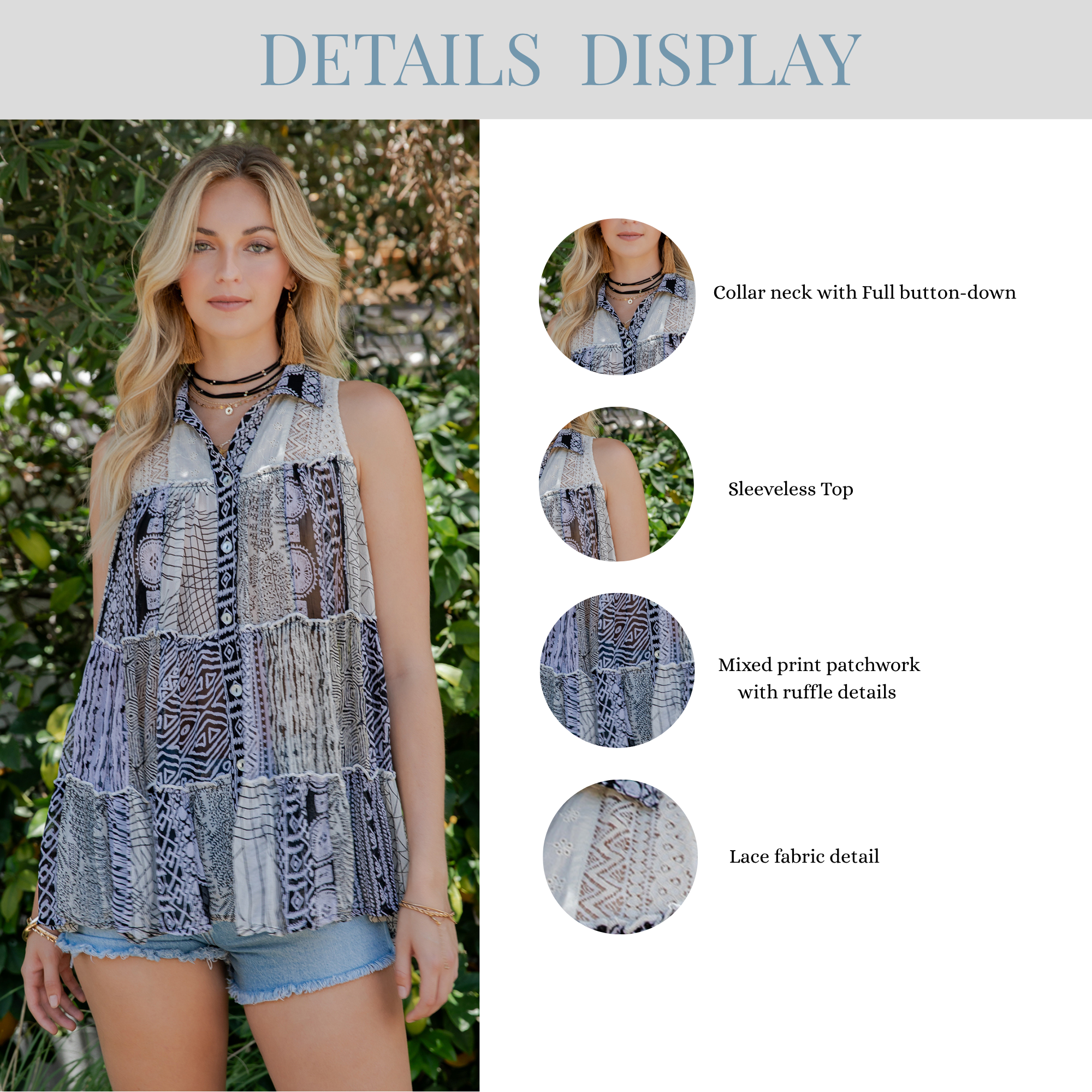 Young Threads - Wholesale Button Down Shirt - Women's - Boho Chic Nomad Patchwork Buttondown Top Sleevel (New Color)40