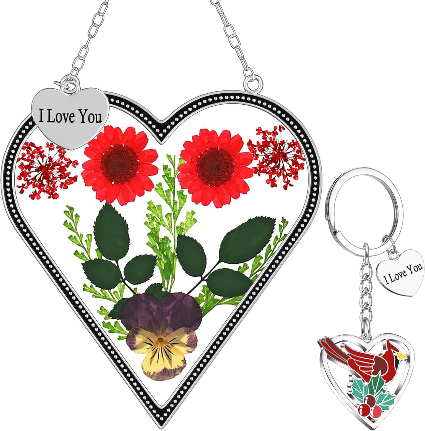 Longshinnning - Wholesale Suncatcher - Heart-Shaped Real Flower Suncatcher with 'I Love You' Keychain Gift Set1