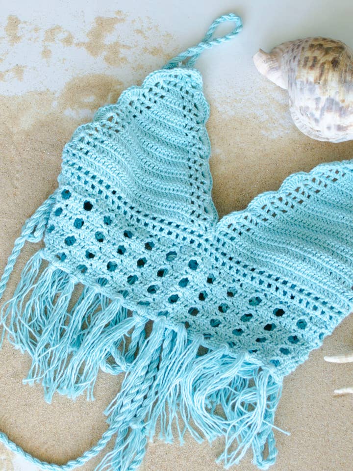Crochet Tank Top, Fringe Bralette Crop Top with Ties, Blue for wholesale by mayAqua