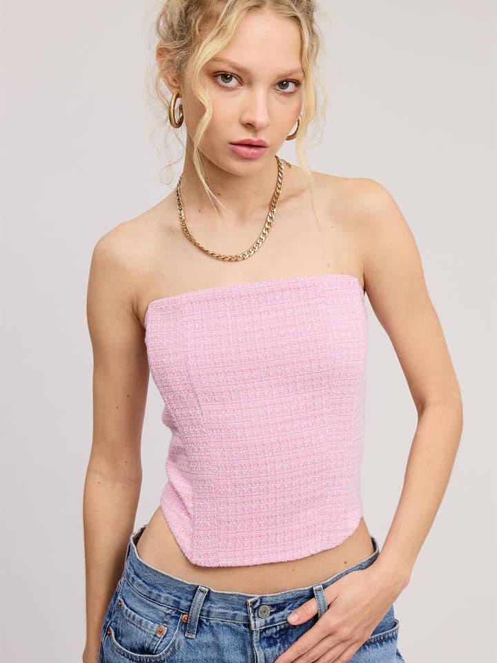 Haut court ajusté sans bretelles en tweed avec corset pour la vente par Mimosa